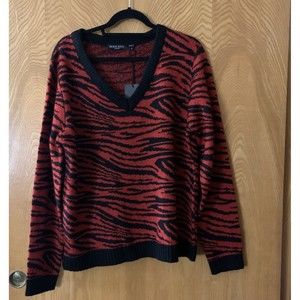 Brave Soul Size Large Women's Sweater Knit Red and Black Animal Print Stripe New